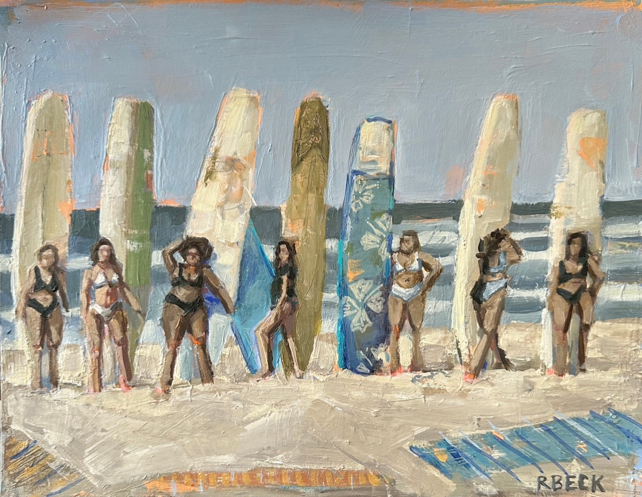 Bring the spirit of surf culture home with Surf and Sun, a Giclée print by Charleston artist Ryan Beck. Featuring women surfers in warm oranges and cool blues, this coastal art piece adds a playful, elegant vibe to any space.