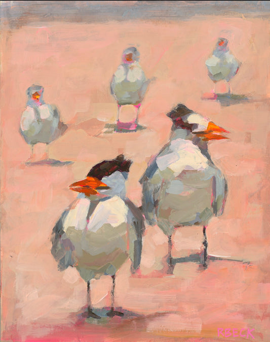 Tern Around Bright Eyes Charleston Coastal Bird Art Print by artist Ryan Beck featuring sea birds in pink and neutral tones