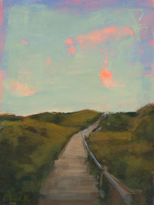 The Way Home Charleston coastal art print by Ryan Beck featuring beach path between dunes with pink and blue sky
