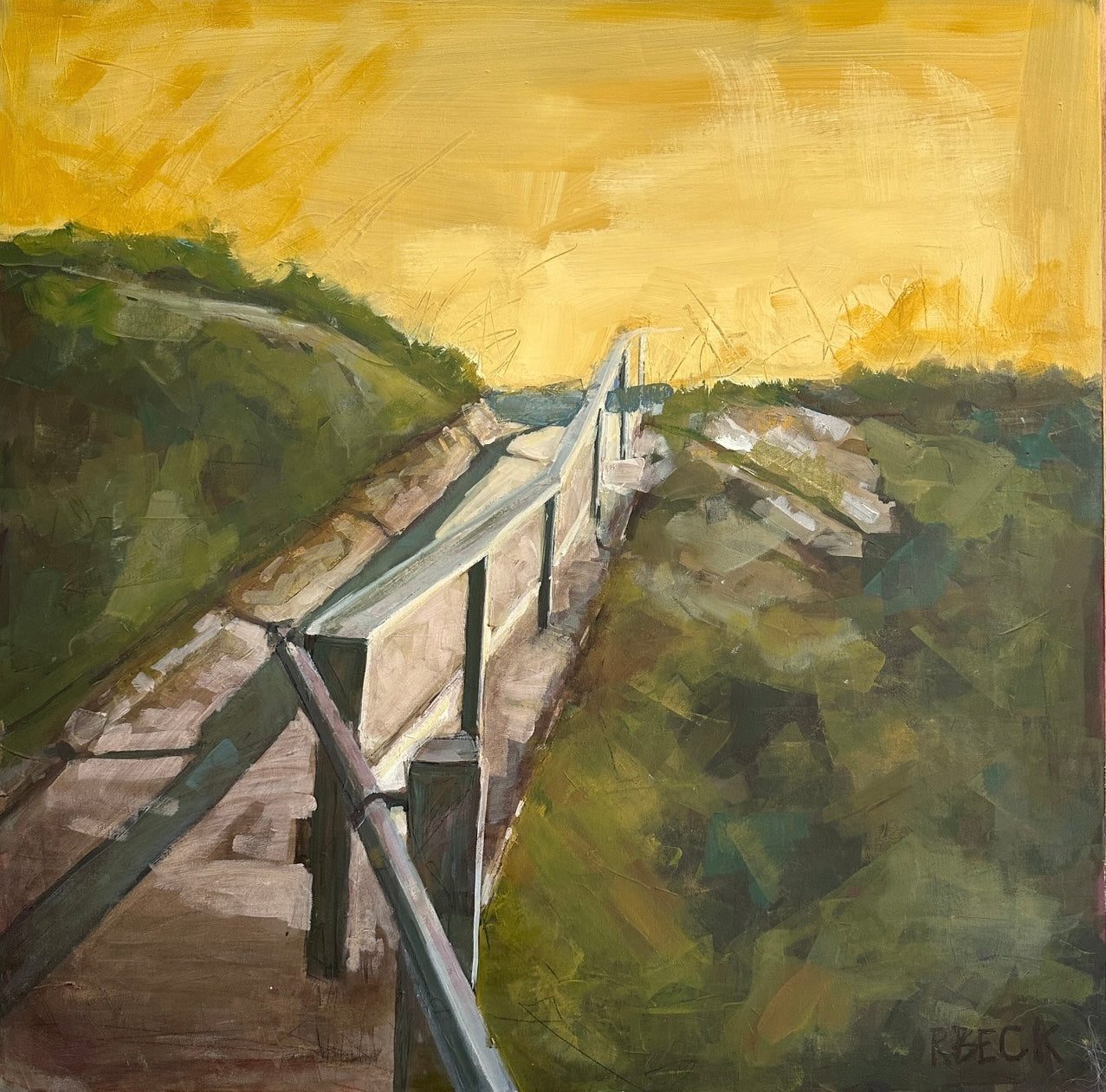 Original painting titled 'Tranquil Passage' by Charleston artist Ryan Beck, depicting a Sullivan’s Island beach path in soothing green and yellow tones, perfect for adding tranquility and warmth to coastal-inspired spaces.