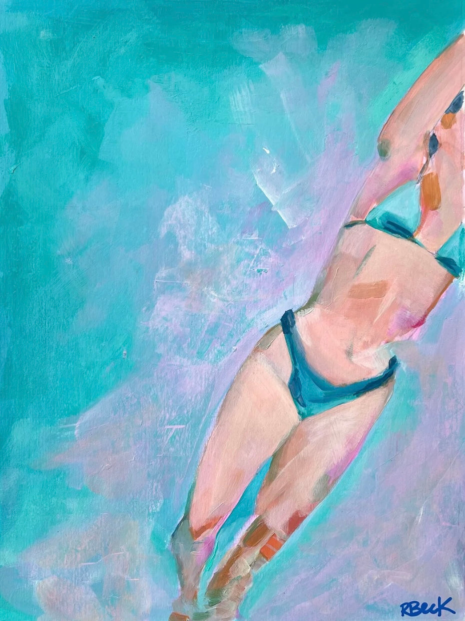 Giclée print of Turquoise Sun by Charleston artist Ryan Beck, featuring a woman swimming in vibrant turquoise water, capturing the lively energy of coastal life