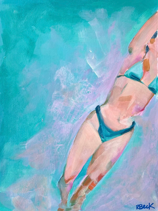 Giclée print of Turquoise Sun by Charleston artist Ryan Beck, featuring a woman swimming in vibrant turquoise water, capturing the lively energy of coastal life