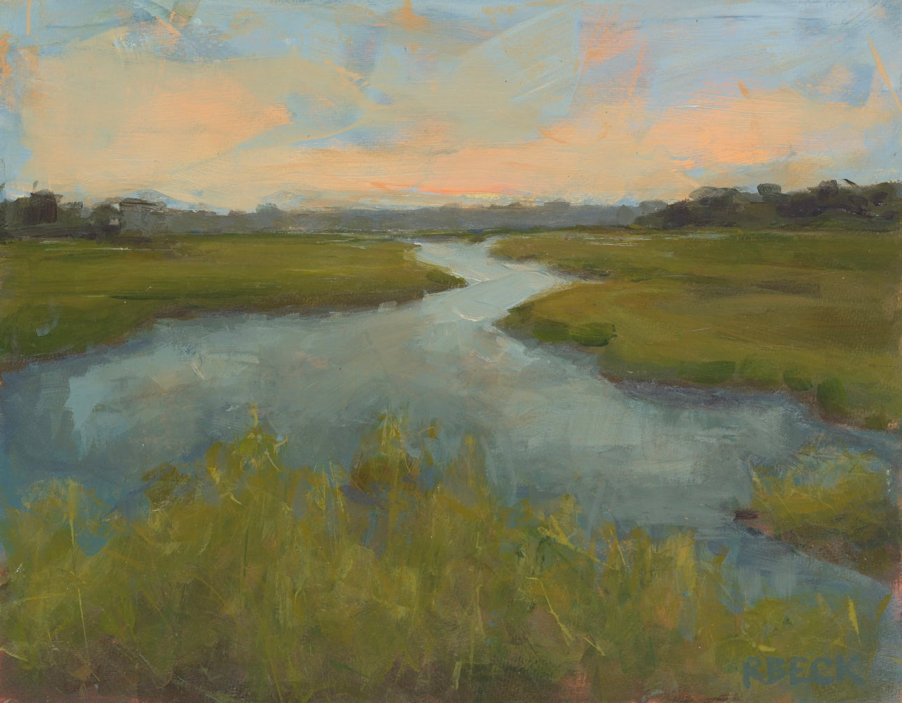 Where the Tide Breathes coastal marsh art print by Charleston artist Ryan Beck in landscape orientation with greens, blues, and a warm orange horizon