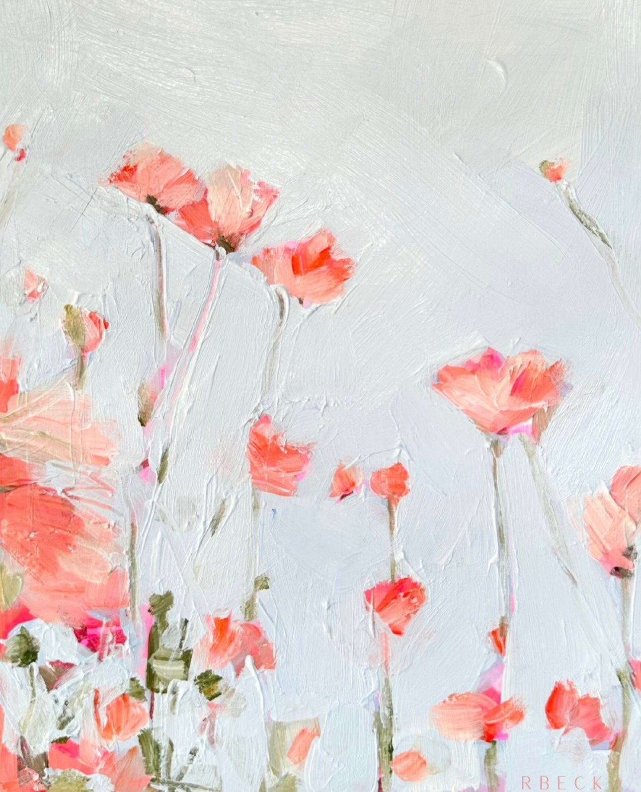 Giclée print of Wildflower I by Charleston artist Ryan Beck, featuring soft pinks, blues, and greens inspired by local flora and delicate poppies, with visible brushstrokes for a refined coastal touch.