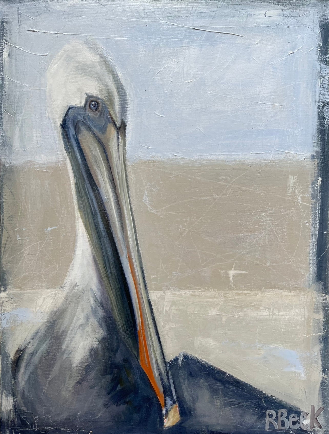 Full-size Pelican print by Charleston artist Ryan Beck, showcasing textured brushwork against a serene coastal blue background, capturing the elegance of this iconic bird.