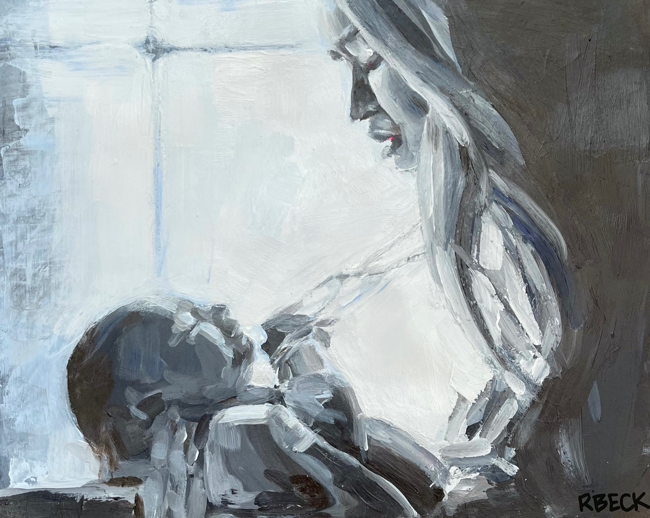 Our Story Giclée Print by Charleston Artist Ryan Beck - Monochromatic Painting of Mother Holding Infant, Supporting Postpartum Support Charleston