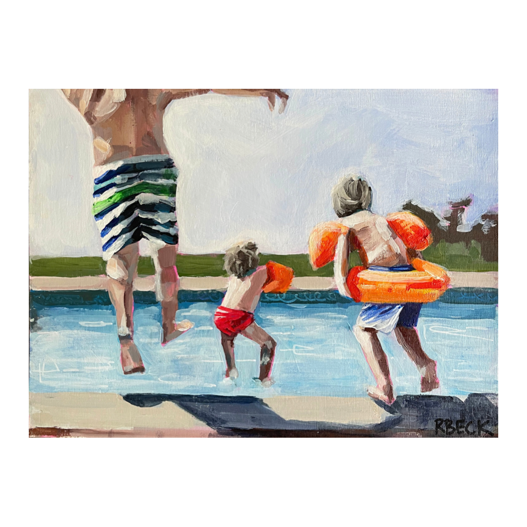 fathers day, father's day gift, dad with two kids jumping into pool artwork ryan beck created in charleston sc