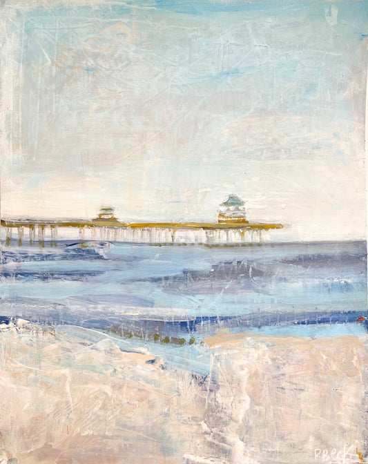 Giclée print of Old Pier on Folly Beach by Charleston artist Ryan Beck, featuring the iconic pier in coastal blues and neutrals, evoking the serene charm of a vintage beach day.