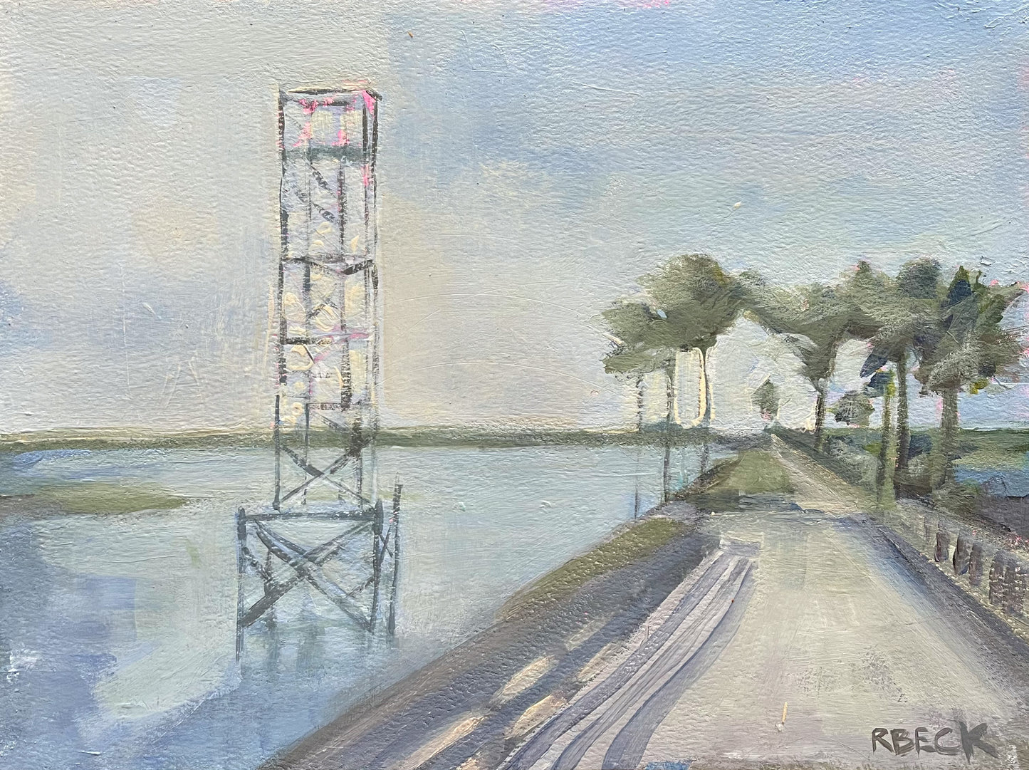 Giclée print of View Toward Mount Pleasant by Charleston artist Ryan Beck, featuring the iconic Pitt Street Bridge tower and the Old Village, capturing the tranquility of the Lowcountry.